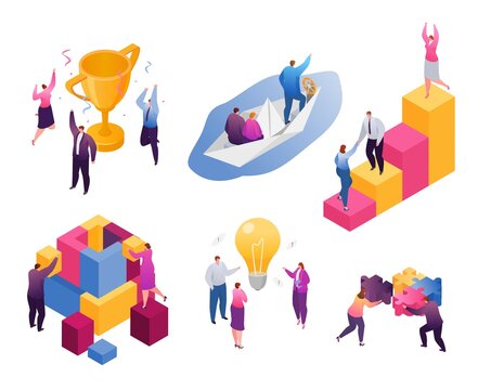 Isometric business teamwork vector illustration set. Cartoon tiny businessman and businesswoman group work together, solve problem, connect puzzle element. Businesspeople cooperation isolated on white