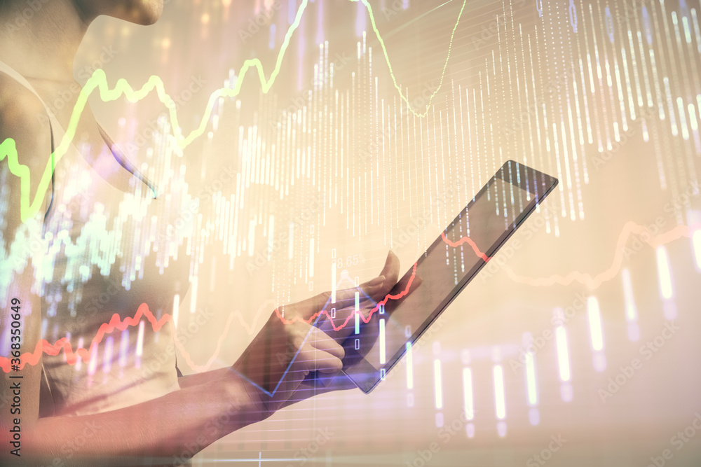 Poster double exposure of forex chart sketch hologram and woman holding and using a mobile device. financia