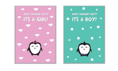 Baby Shower greeting card with Penguins boy and girl, vector illustration