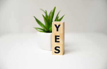 word yes on wooden blocks, white background.