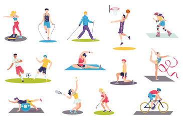 People doing sport exercises vector illustration set. Cartoon flat man woman sportsman characters training, cycling, active athletes play soccer, tennis or basketball. Sport activity isolated on white