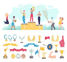 Award for people win in sport vector illustration set. Cartoon flat sportsman characters standing on podium, awarding medal and cup prize for happy champion winner, awards icons isolated on white