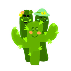 group of happy kawaii cactus, cute green characters set, isolated in white background, funny vector illustration flat design