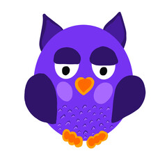 cute kawuaii owl, childish vector illustration, purple bird isolated on white background