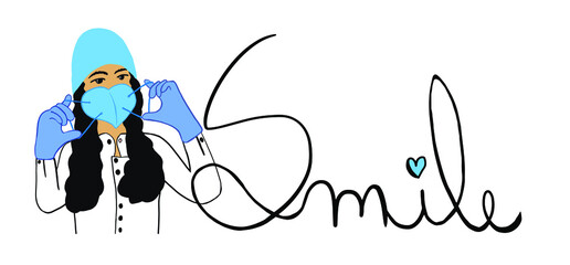 Woman wearing a blue heart mask and the text smile written in cursive handwriting, vector illustration, colorful art line design