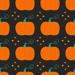 Pumpkins on black background. Seamless pattern. Harvest concept. Vector stock illustration.