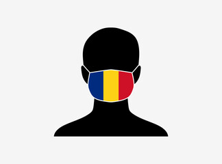 A silhouette of a person wearing a mask with the flag of Romania on it. Vector illustration.