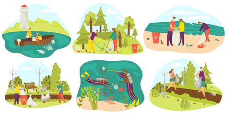 Environment and volunteers cleaning and gathering garbage in bags, in park, in sea set of flat vector illustrations. Ecology, waste and environment care, volunteering, recycle and clean green planet.