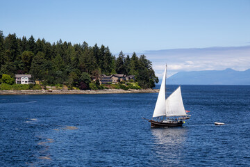 Fototapeta na wymiar Sailboat in the Ocean by the City of Nanaimo during a sunny summer day. Taken in Vancouver Island, British Columbia, Canada.