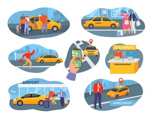 Taxi car driver and service icons set with transport, people using taxicab and taxi system elements flat isolated vector illustrations set. Passengers order taxi transportation vehicle, yellow auto.