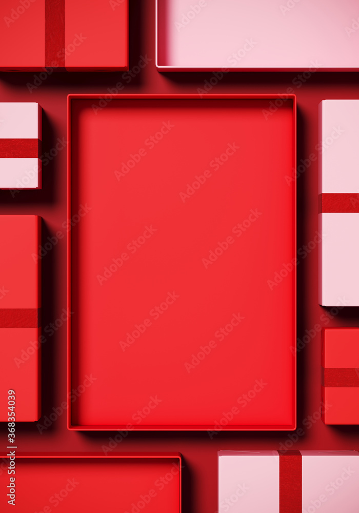 Poster minimal product background for christmas, new year and sale event concept. red and pink gift box on 