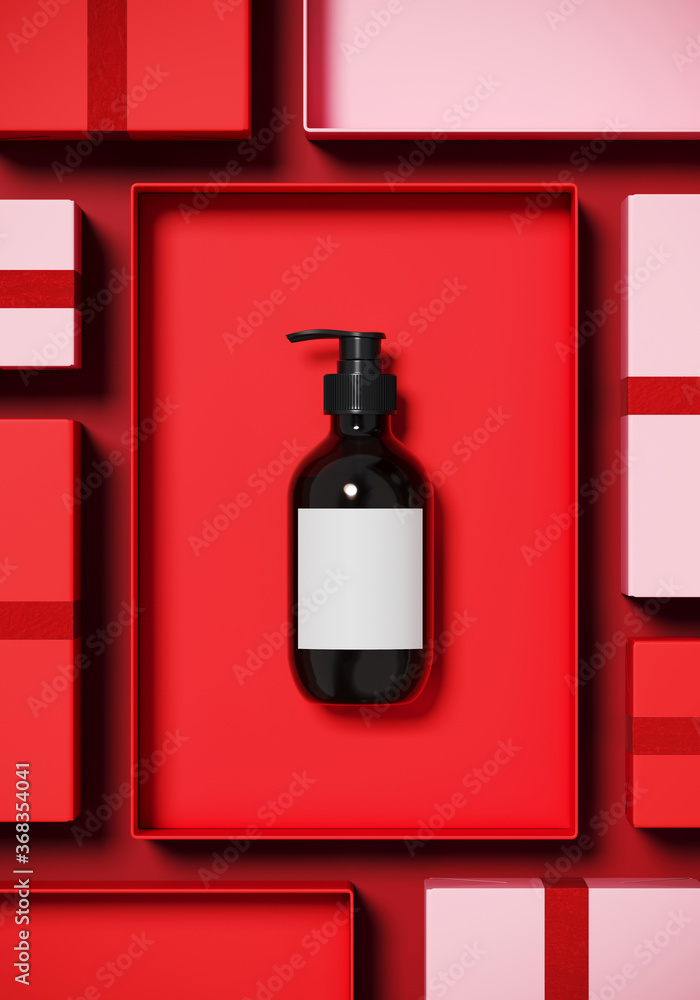 Poster minimal background for branding and product presentation. cosmetic bottle with red and pink gift box