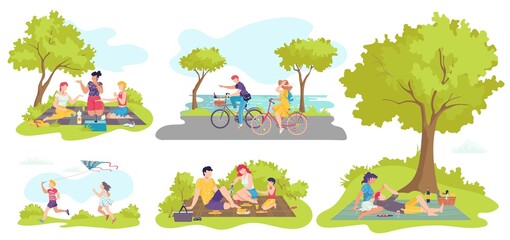 Picnic outdoor in summer, people with food on nature, families, happy couple in love, lying on grass in park and enjoying together, children playing isolated cartoon illustrations set. Picnic party
