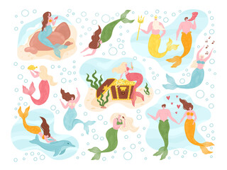 Obraz na płótnie Canvas Mermaids of sea fairy underwater set on marine theme with mythological ocean creatures. Mermaid with fish tails, dolphin, seaweed. Water cute girls and fantasy men collections, sea gods swimming.