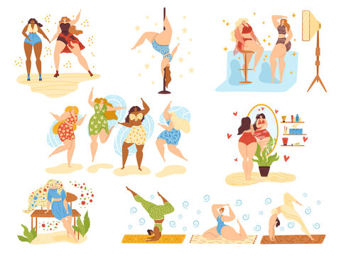 Body positive happy girls, beautiful overweight women plus size isolated on white vector illustrations set. Attractive body positive woman dancing, beauty and health caring, do yoga and active sport.