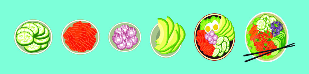 set of poke bowl with salmon, avocado and more