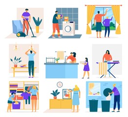 House cleaning and people doing housework, set of flat cartoon vector illustration. Men, women and children washing dishes, cleaning windows, vacuuming carpet, folding clothes, picking up garbage.