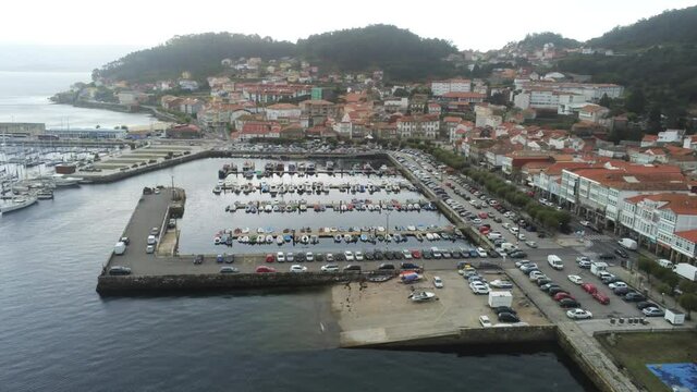 Harbour and small fishing village in Galicia,Spain. Aerial Drone Footage