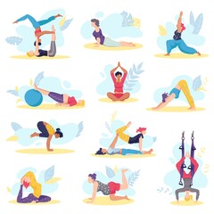 Yoga girl exersices and body health poses fitness and health training set of flat isolated vector illustration. Beautiful young girls exercising various yoga poses, stretch and relax meditation.