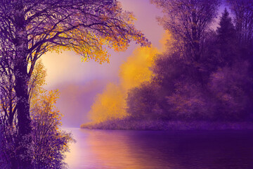Beautiful autumn landscape  and river, digital painting, illustration.