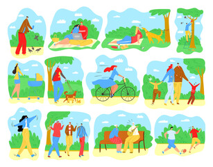 People outdoor in park, men, women and families in summer park activities walking, doing yoga excersises and bicycling, playing with kids and dogs isolated vector illustrations set. Outdoor activity.