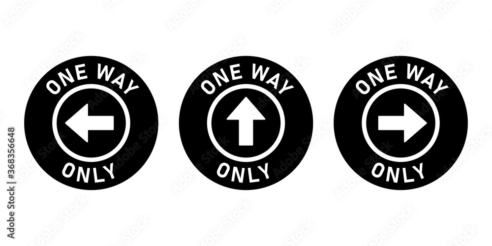 Poster set of one way only round floor marking sticker icon with direction arrow and text. vector image.