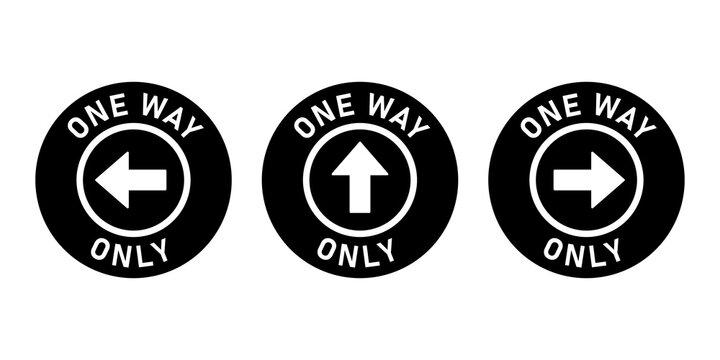 Set of One Way Only Round Floor Marking Sticker Icon with Direction Arrow and Text. Vector Image.