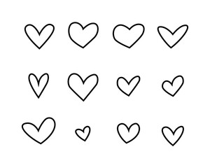 Corazón. Conjunto de corazones de diferentes estilos, líneas negras. Ilustración vectorial aislada en fondo blanco. Trazado