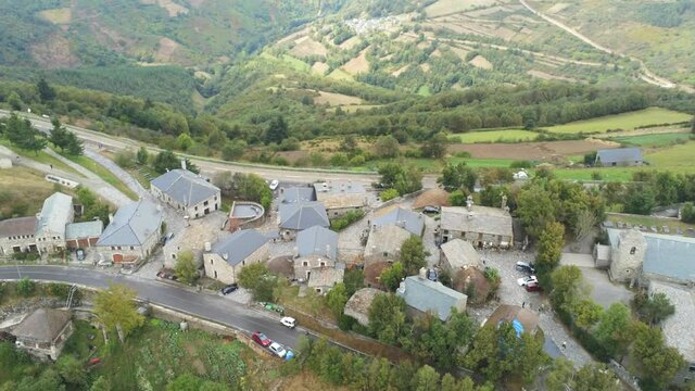 Beautiful village in the mountains of Galicia,Spain. Aerial Drone Footage