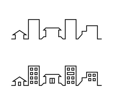 Ciudad. Arquitectura de una ciudad en estilo l&iacute;neas.. Silueta y detalle. Dos presentaciones. Casas y edificios. Ilustraci&oacute;n vectorial aislada en fondo blanco 
