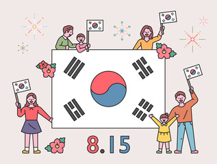 Fototapeta na wymiar Korean people are waving their hands around a large Korean flag. flat design style minimal vector illustration.
