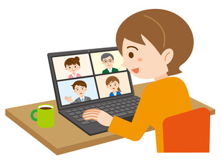 自宅からノートパソコンでオンライン会議に参加する女性のイラスト/白背景