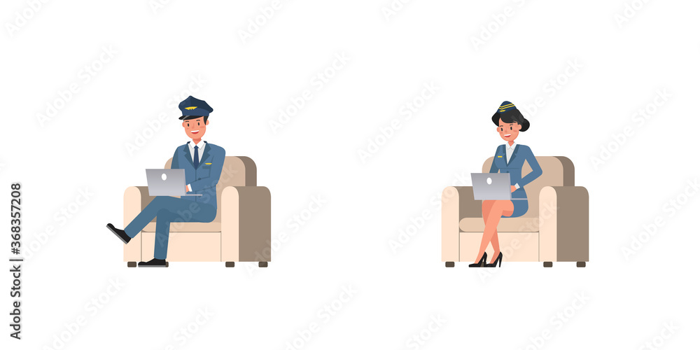 Poster steward and stewardess character vector design. presentation in various action.