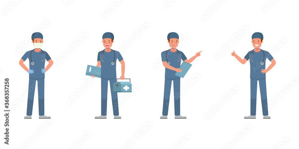 Poster surgeon man character vector design. presentation in various action.