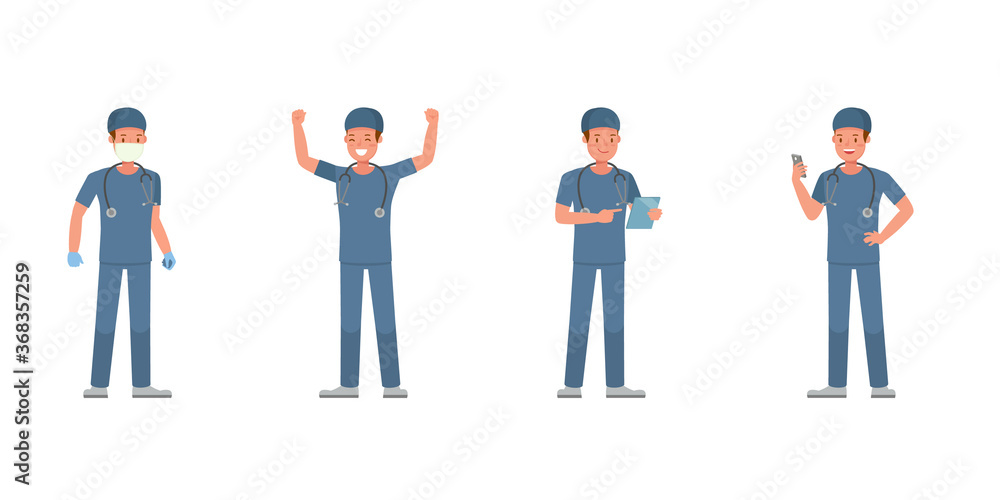 Poster surgeon man character vector design. presentation in various action.