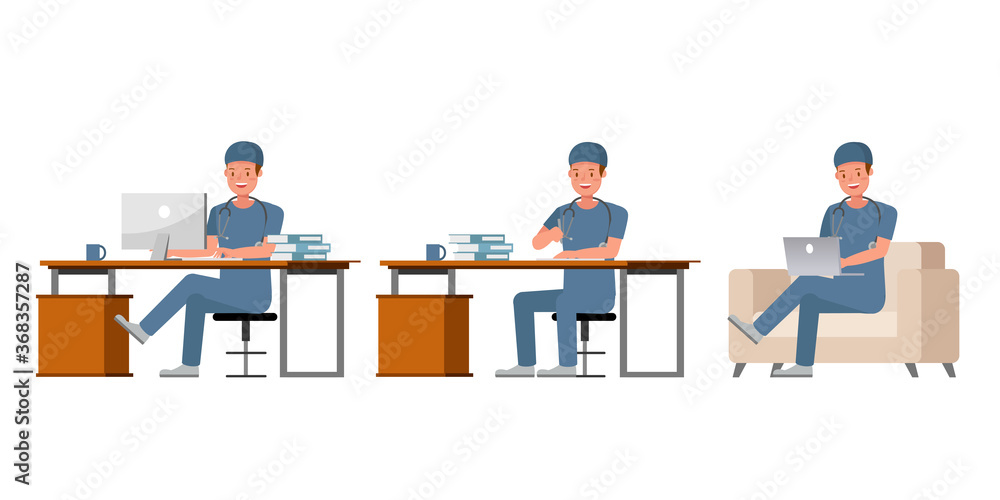 Poster surgeon man character vector design. presentation in various action.