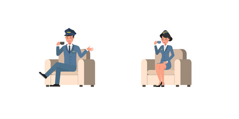 Steward and stewardess character vector design. Presentation in various action.