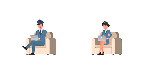 Steward and stewardess character vector design. Presentation in various action.