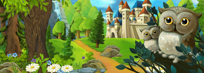 cartoon scene castle in the deep forest with owl sitting and looking - illustration