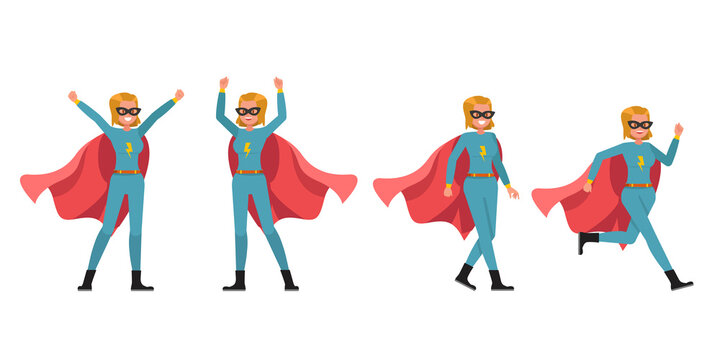 Superhero woman character vector design. Presentation in various action.