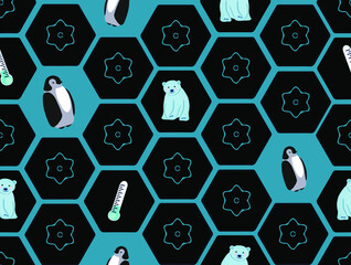 winter background, cute polar bear and penguin seamless pattern, hexagonal geometric wallpaper, vector illustration flat design