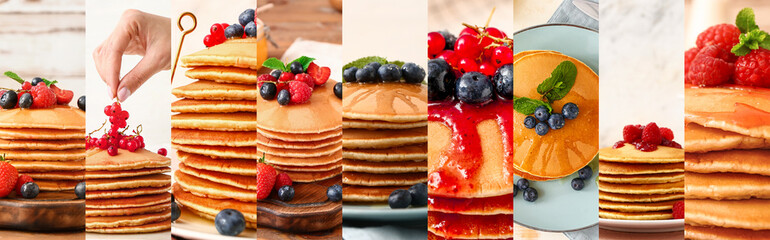 Collage of photos with sweet pancakes and berries