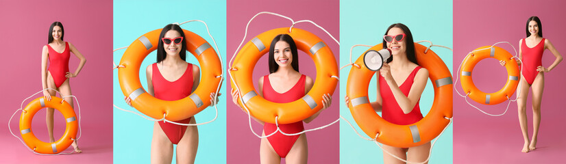 Beach rescuer with lifebuoy on color background