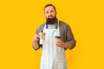 Male barista on color background