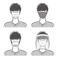 ウイルス感染の防止　マスク　フェイスシールド　男性