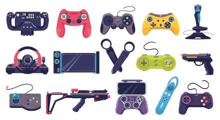 Game joystick icons and gamers gadgets technology, controller set of vector illustrations. Electronic video joysticks, computer devices. Gameing console collection for digital play, entertainment. © creativeteam