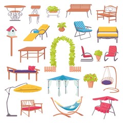 Fototapeta premium Outdoor furniture for garden set with green plants, chairs, armchairs, tables and sunshades for landscape design isolated vector illustration. Home outdoor furniture for relaxation in yard.