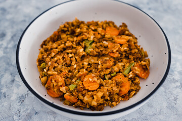 plant-based food, vegan potato and lentils mash with garden veggies
