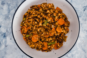 plant-based food, vegan potato and lentils mash with garden veggies