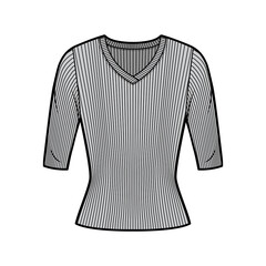 Ribbed V-neck knit sweater technical fashion illustration with elbow sleeves, close-fitting shape. Flat outwear apparel template front grey color. Women, men unisex shirt top CAD mockup